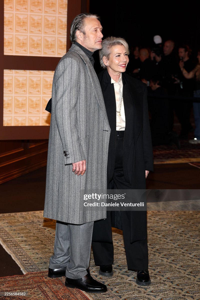 waru1322's tweet image. MILAN, ITALY - JANUARY 16: Hanne Jacobsen and Mads Mikkelsen attend the Zegna fashion show during the Milan Fashion Week - Menswear Fall/Winter 2026-2027 on January 16, 2026 in Milan, Italy. (Photo by Daniele Venturelli/Getty Images)