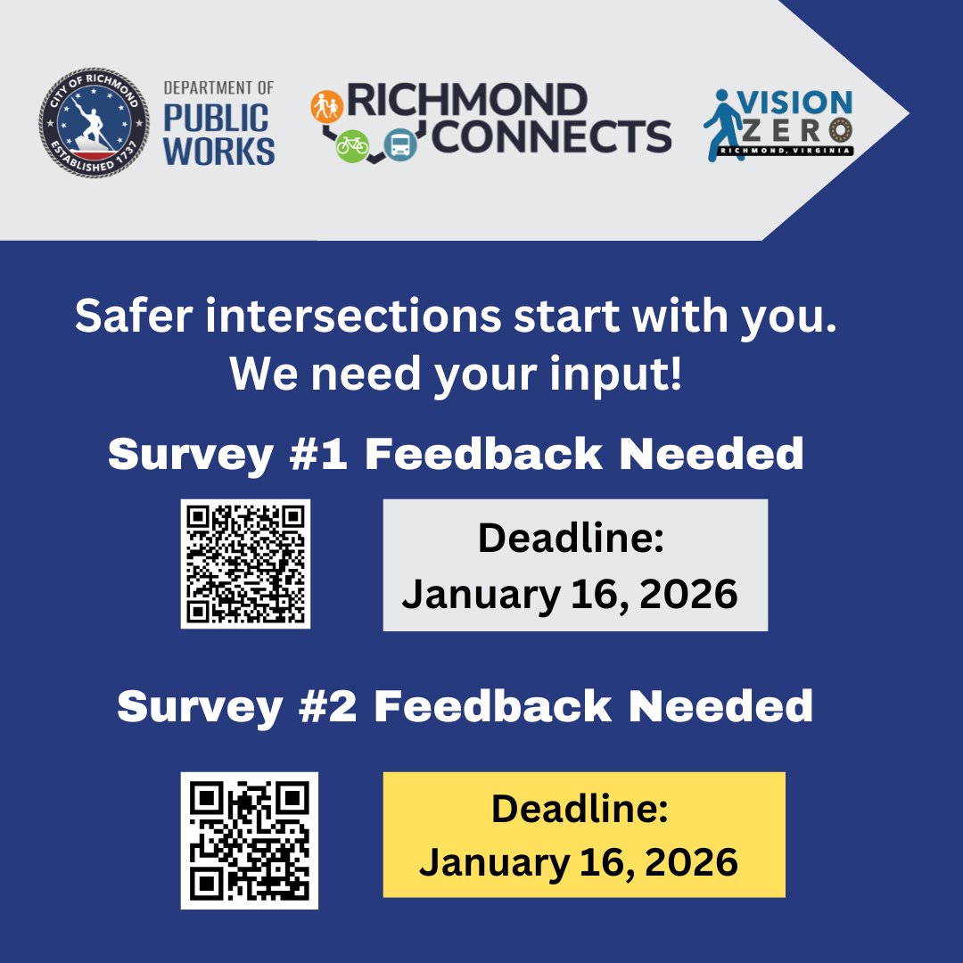DPW_RichmondVA's tweet image. Survey Deadline - Today Jan. 16 | Your input will help guide more than 400 quick-build, low-cost improvements citywide. Help make Richmond streets safer! Take both of DPW's surveys on intersection improvements today. bit.ly/4qn2Izc #LQC #VisionZero #SaferStreets @000RVA