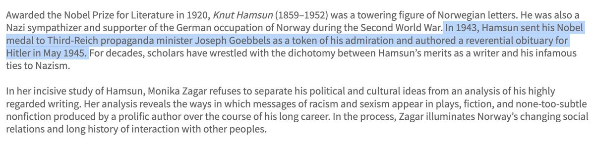 "La historia no se repite, pero a menuda rima"

Knut Hamsun ofrendó en 1943 un Nobel a Goebbels, a quien admiraba.

Como noruego, apoyaba la ocupación nazi... ¡de Noruega!

Ayer fue el Tercer Reich.
Hoy es MAGA.