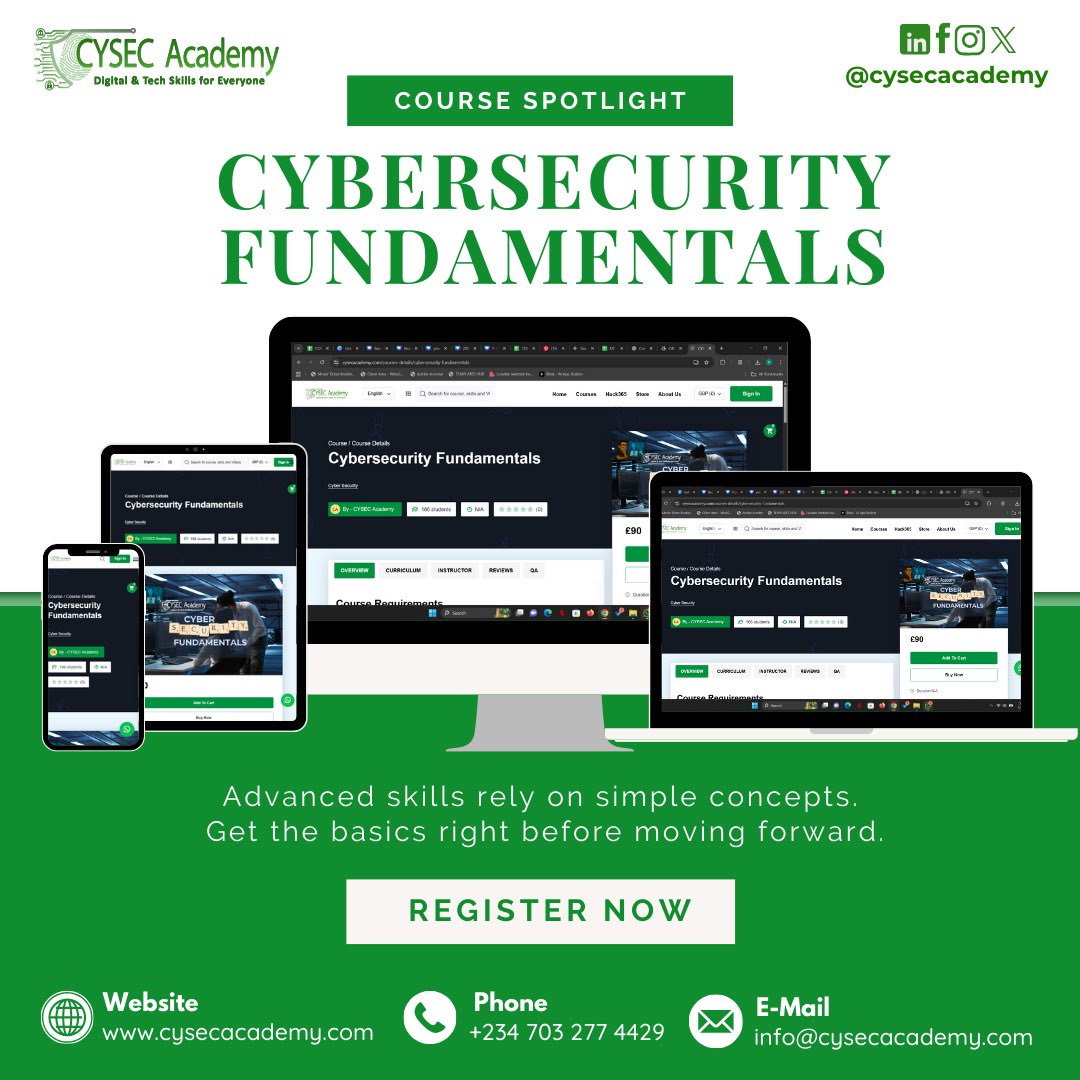 Cybersecurity starts with the right foundation 🔐

Learn threats, defenses, and core security concepts with Fundamentals of Cybersecurity on CYSEC Academy—no tech background needed.

📞 07032774429 | 
🌐 cysecacademy.com | 
📧 info@cysecacademy.com