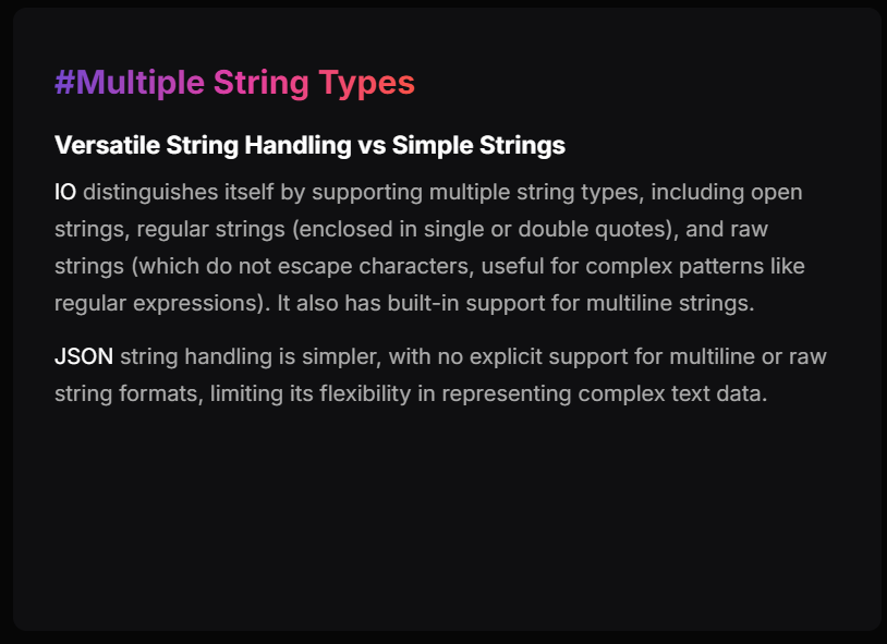 InternetObject's tweet photo. If you’ve ever fought escaped strings in JSON, this is for you.

Internet Object supports raw, multiline, and open strings by design.
JSON doesn’t.

Complex text shouldn’t be painful.

👉 https://t.co/mihJjRQnZ5

#DevExperience #InternetObject #JSON https://t.co/R0axVfb9kG