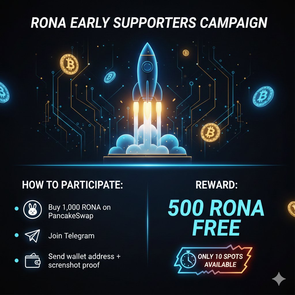 🚀 RONA Early Supporters Campaign is LIVE!

Buy 1,000 RONA on PancakeSwap, join our Telegram, and send your wallet + proof to get 500 RONA FREE 🎁

⏳ Only 10 spots!

Group: t.me/RONACoinChat
Channel: t.me/RONALDOcoin2040
#RONA #BSC #Crypto #Airdrop
