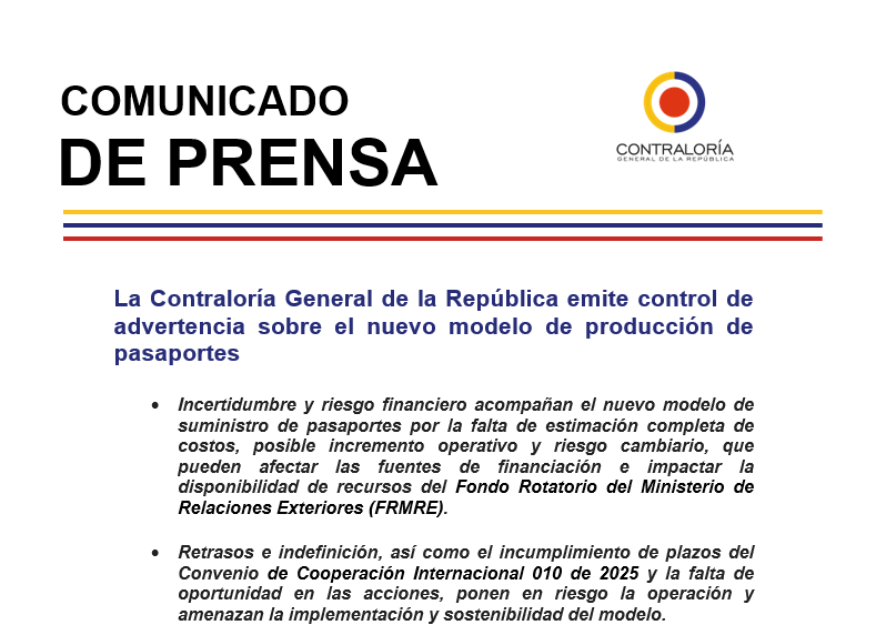 CGR_Colombia's tweet photo. 🚨 Emitimos control de advertencia sobre el nuevo modelo de producción de pasaportes

📌 Identificamos riesgos financieros y operativos asociados a la falta de una proyección integral de costos, exposición al riesgo cambiario en euros, posibles sobrecostos y vacíos en la definición de pagos y condiciones de producción.

⚠️ A esto se suman retrasos, incumplimientos de plazos y debilidades en la estructuración del convenio.

📲 Conozca todos los detalles en el comunicado de prensa 👉🏻https://t.co/w5j9lP8hPd