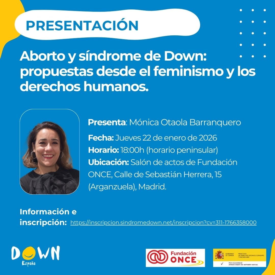 Si quieres saber más sobre aborto y síndrome de Down y las propuestas existentes en relación a este asunto, no te pierdas el próximo jueves 22 de enero la presentación del libro de la investigadora Mónica Otaola. 
📌Inscripciones: inscripcion.sindromedown.net/inscripcion?cv…)