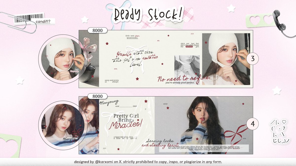 karxomi's tweet image. help repost 🖤

layout ready stock wonyoung nya yuk!
pricinya ada di pict dan free retext ya..
met jajank oll 🐣

#zonaba #zonauang