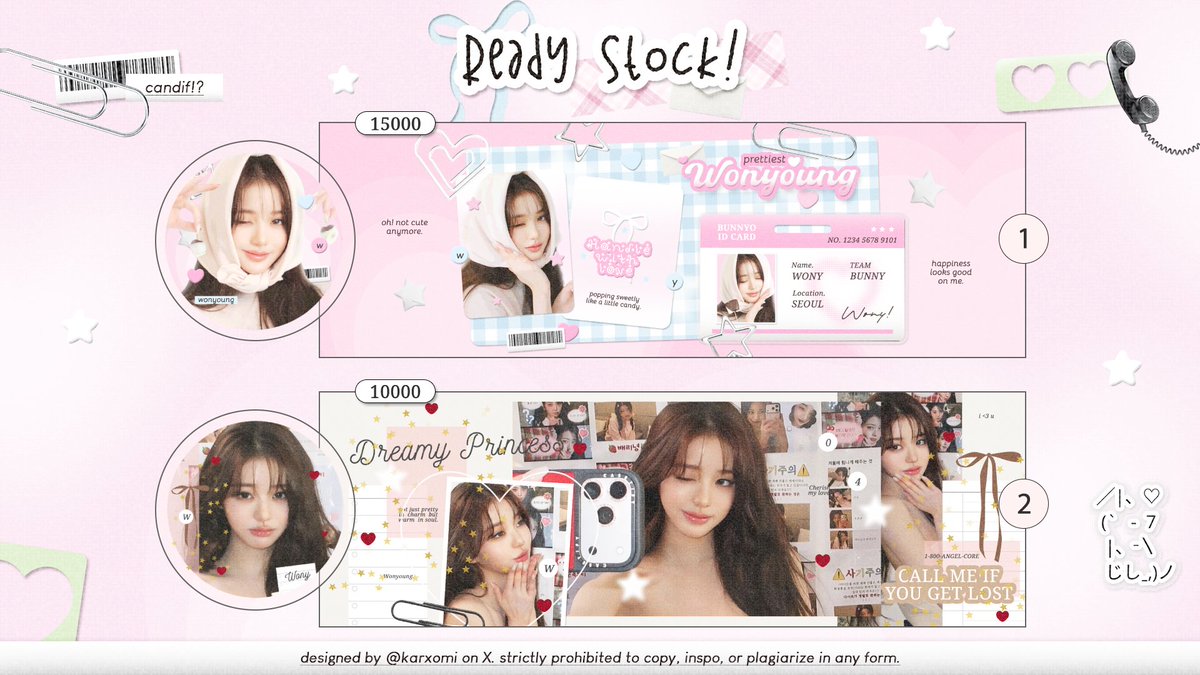 karxomi's tweet image. help repost 🖤

layout ready stock wonyoung nya yuk!
pricinya ada di pict dan free retext ya..
met jajank oll 🐣

#zonaba #zonauang