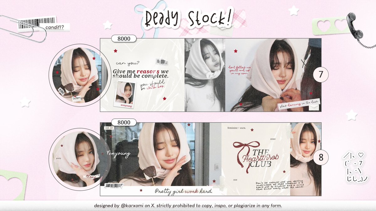 karxomi's tweet image. help repost 🖤

layout ready stock wonyoung nya yuk!
pricinya ada di pict dan free retext ya..
met jajank oll 🐣

#zonaba #zonauang