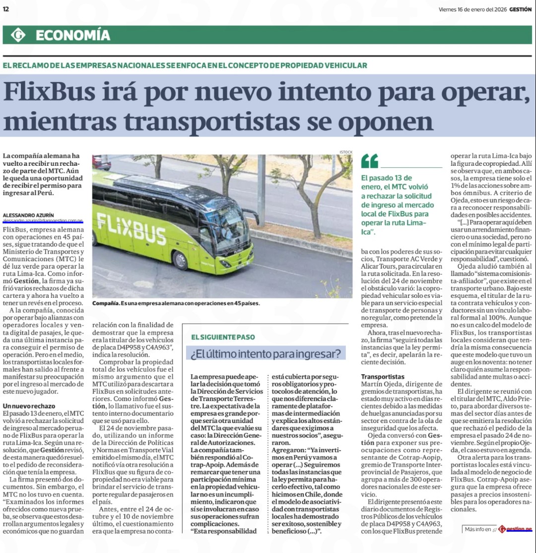Los transportistas rechazan el intento de FlixBus para operar y es que, según el dirigente de gremios de transportistas, la empresa alemana solo tiene 1% de participación en ambos ómnibus, lo cual implica un riesgo a reconocer responsables de cara a accidentes.
Hoy en Gestión