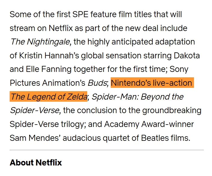 닌텐도 실사 영화
'젤다의 전설'
소니 픽처스와 넷플릭스 독점 계약으로
극장 개봉 이후 넷플릭스에서 공개 예정

NetflixｘSony Pictures
Pay-1 계약 발표 中

about.netflix.com/en/news/netfli…