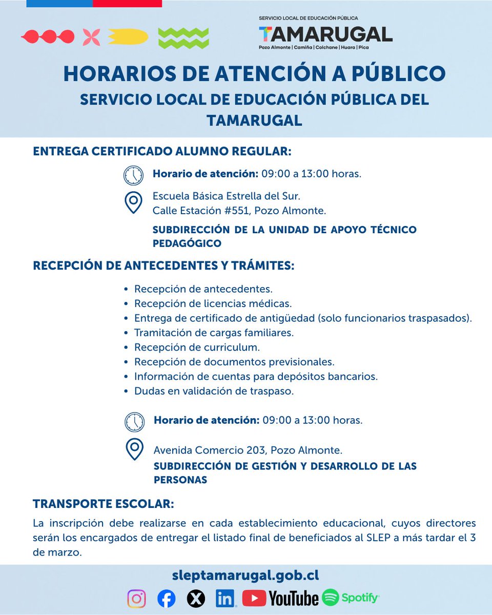 Buen viernes para todos en el #Tamarugal 😀
Compartimos con ustedes información sobre la atención en el SLEP.