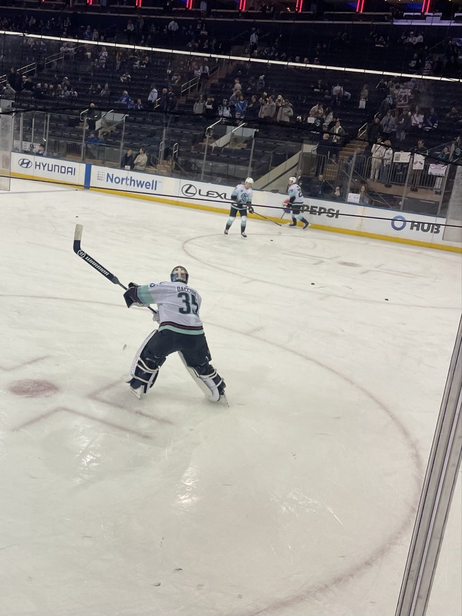 Wanted to share this photo I took of <a href="/SeattleKraken/">Seattle Kraken</a> goalie <a href="/JDac35/">Joey Daccord</a> taking slapshots towards the end of warmups this week at <a href="/TheGarden/">MSG</a> before the game against the <a href="/NYRangers/">New York Rangers</a>. Great to see the fun and enthusiasm from Joey all the time for the game.