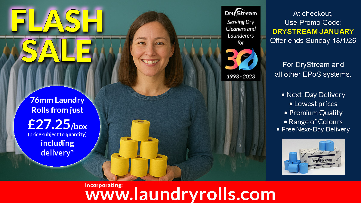 Save  money on high quality Laundry Rolls this weekend. For  DryStream and ALL EPoS systems. FREE delivery to most UK addresses.  Visit laundryrolls.com and use code DRYSTREAM JANUARY at checkout. Prices subject to VAT. Price varies with qty ordered. #drystream