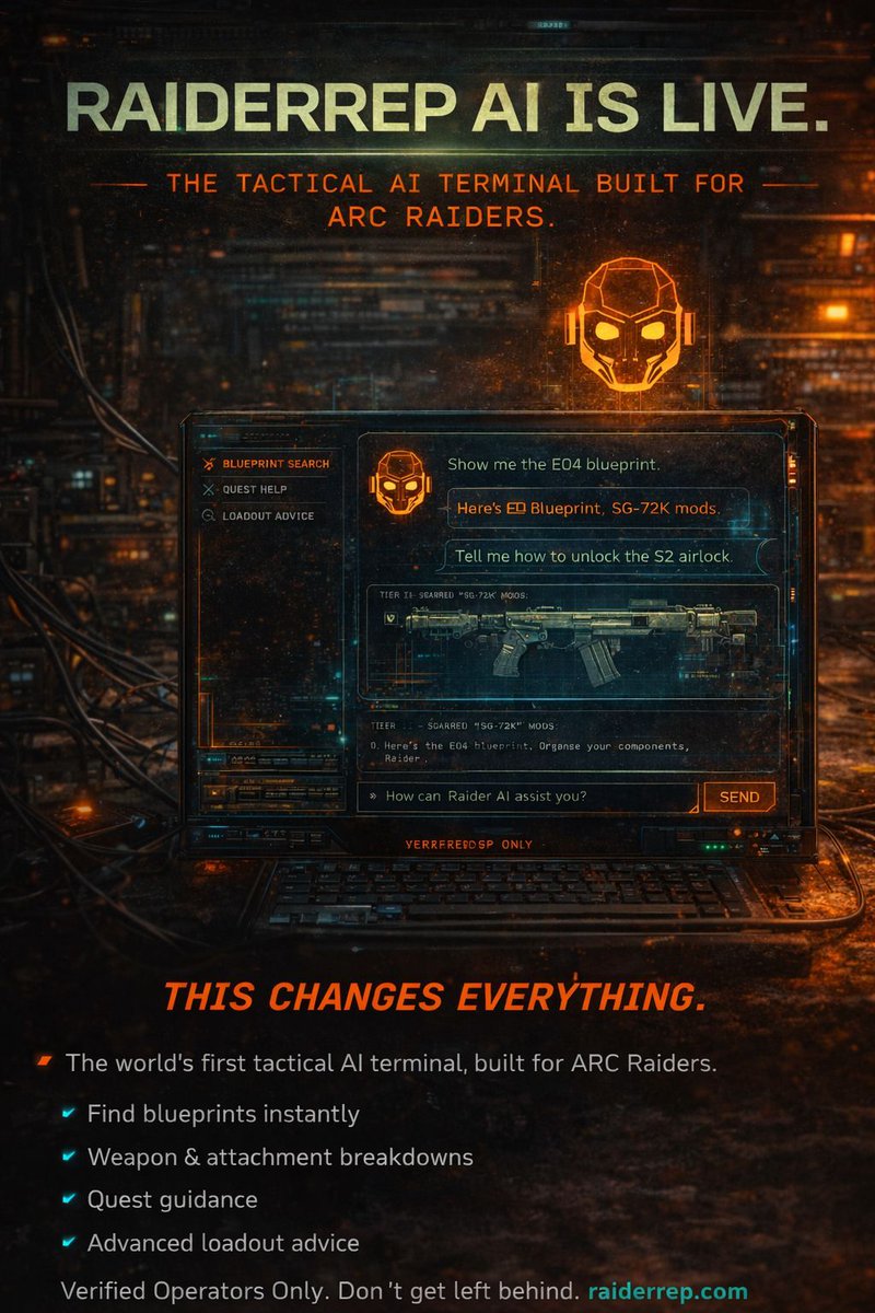 RaiderRep's tweet image. 🚨🚨🚨RaiderRep AI is live.🚨🚨🚨

The first tactical AI terminal built specifically for ARC Raiders.

Blueprints. Weapons. Attachments. Quests.

This changes everything!