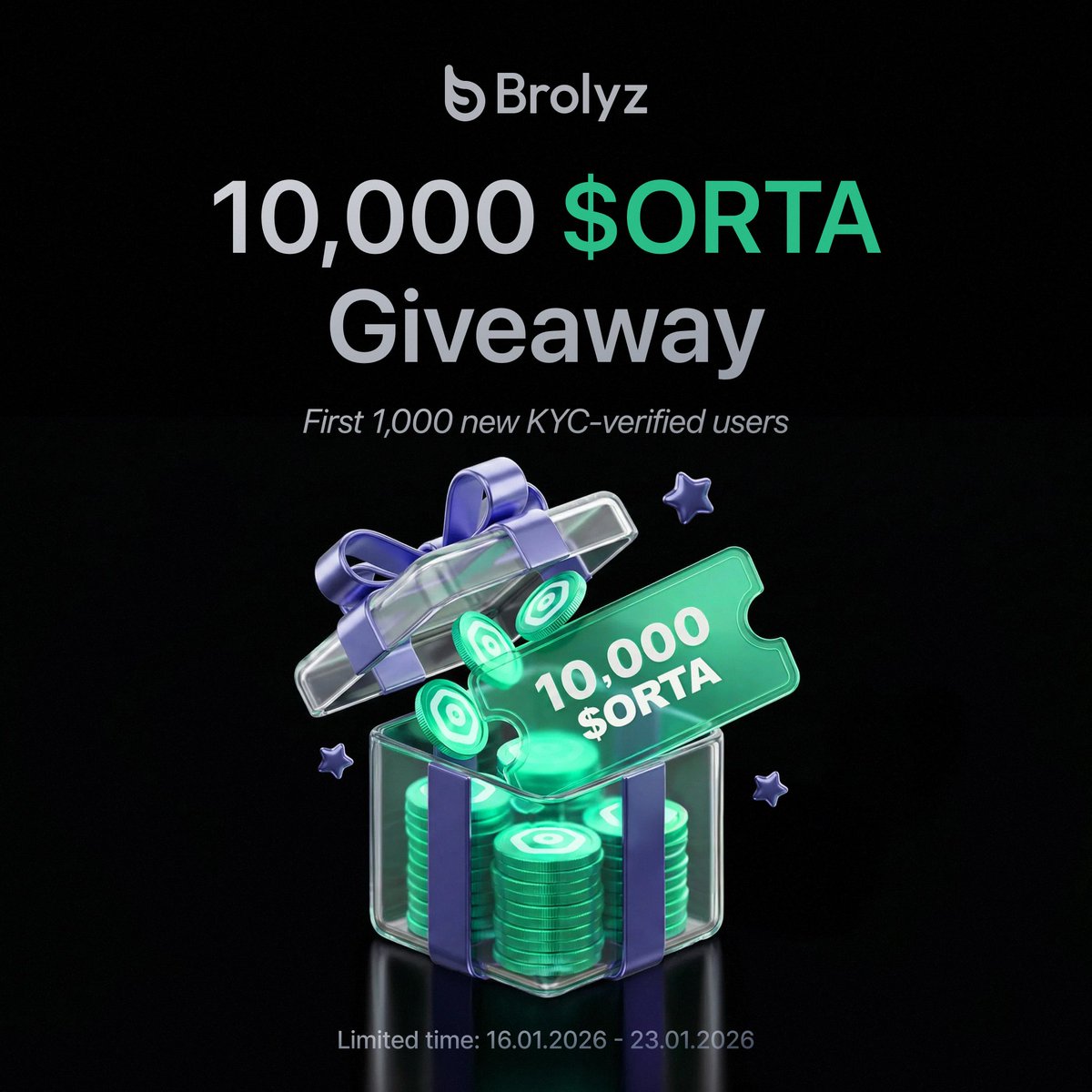 10,000 $ORTA Distribution on Brolyz  

Register + KYC → Comment with "username" on Brolyz post → Be among first 1,000 

Jan 16-23 (New users only)

Limited spots.  brolyz.com/brolyz/post/da…