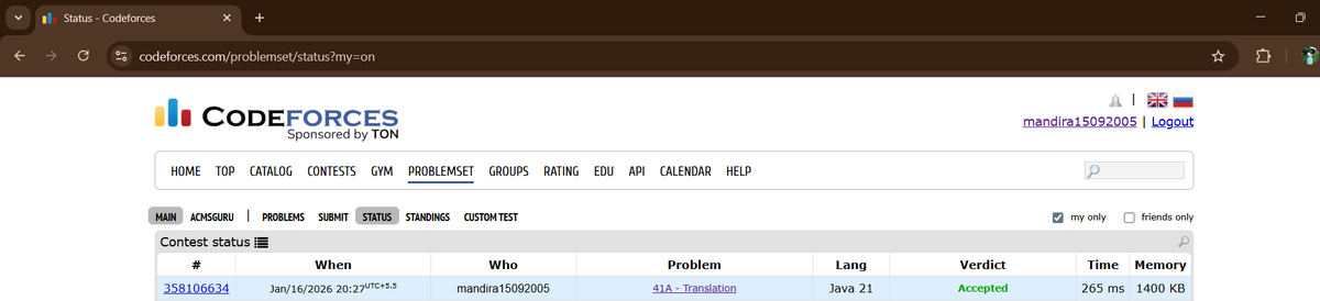 mandira9051's tweet photo. 💻 DAY 5 of solving problems on codeforces

#DAY5 #VITBhopal #vit #velloreinstituteoftechnology #codeforces #java #practice #coding #code #dsa #problemsolving #VibeCoding #dsapractice #RealLifeProblems https://t.co/nTrGH0Hfnt
