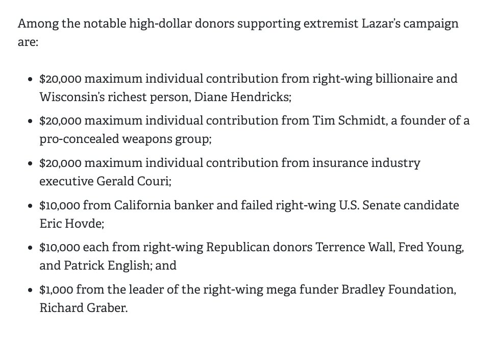 Maria Lazar’s latest campaign finance report reveals that the right-wing judge and WI Supreme Court candidate is bankrolled by extreme conservative donors—including right-wing billionaire and Wisconsin’s wealthiest resident, Diane Hendricks.

Learn more: abetterwisconsin.org/maria-lazars-b…