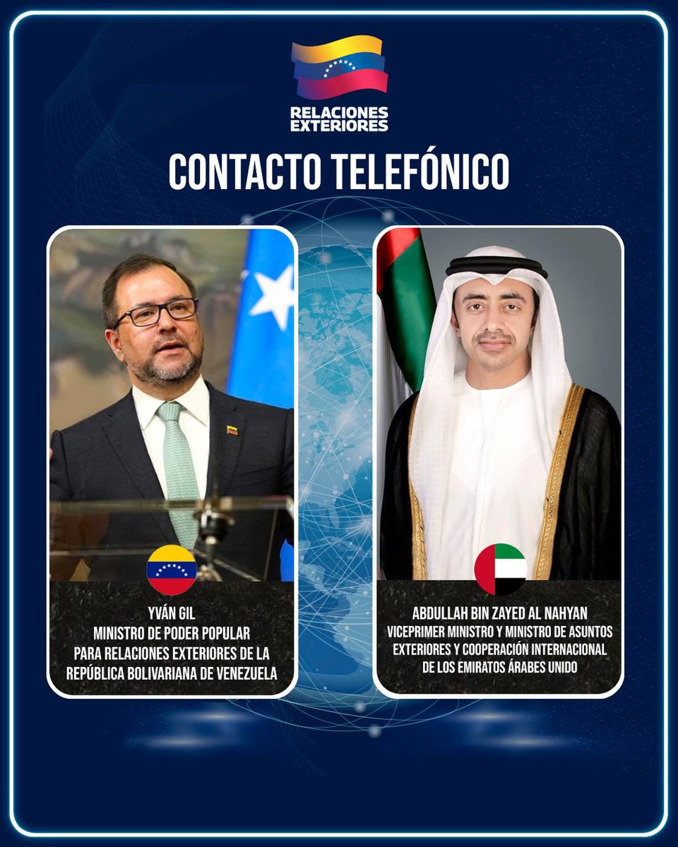 yvangil's tweet image. Hoy sostuve una importante conversación telefónica con Su Alteza Sheikh Abdullah bin Zayed Al Nahyan, Viceprimer Ministro y Canciller de los Emiratos Árabes Unidos. Enmarcamos nuestro diálogo en la importancia de respetar el derecho internacional, la Carta de las Naciones Unidas,…