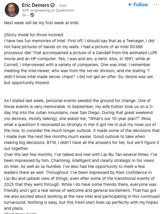 When Lip-Bu said he was expanding talent, I didn't expect him to land Eric Demers. Looks like intel GPUs aren't dead after all. Mega bullish for $INTC