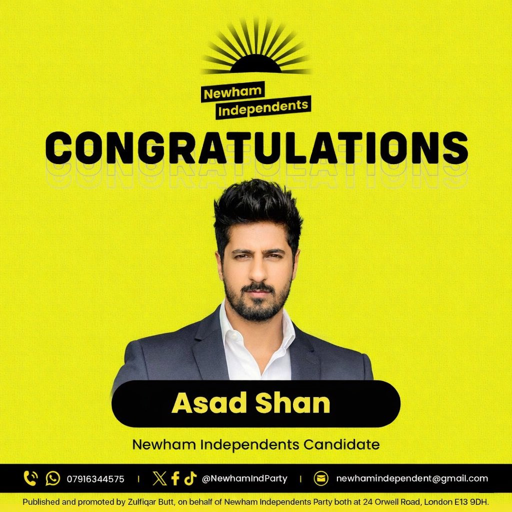 NewhamIndParty's tweet image. 🎉Congratulations to Asad Shan on being selected as a Newham Independents councillor candidate for the May 2026 local elections.
Wishing you every success on this exciting journey!

#NewhamIndependents #LocalDemocracy #TeamNewham