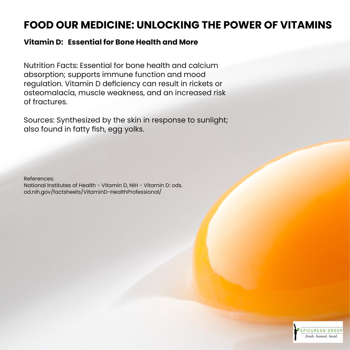 Soak up the sunshine vitamin! ☀️ Vitamin D supports strong bones, immune health, and overall wellness — find it in every delicious bite. 🐟🥚 #EatWell #VitaminD #EpicureanGroup #FreshHonestLocal #EpicureanExperience #EpicureanFlavors