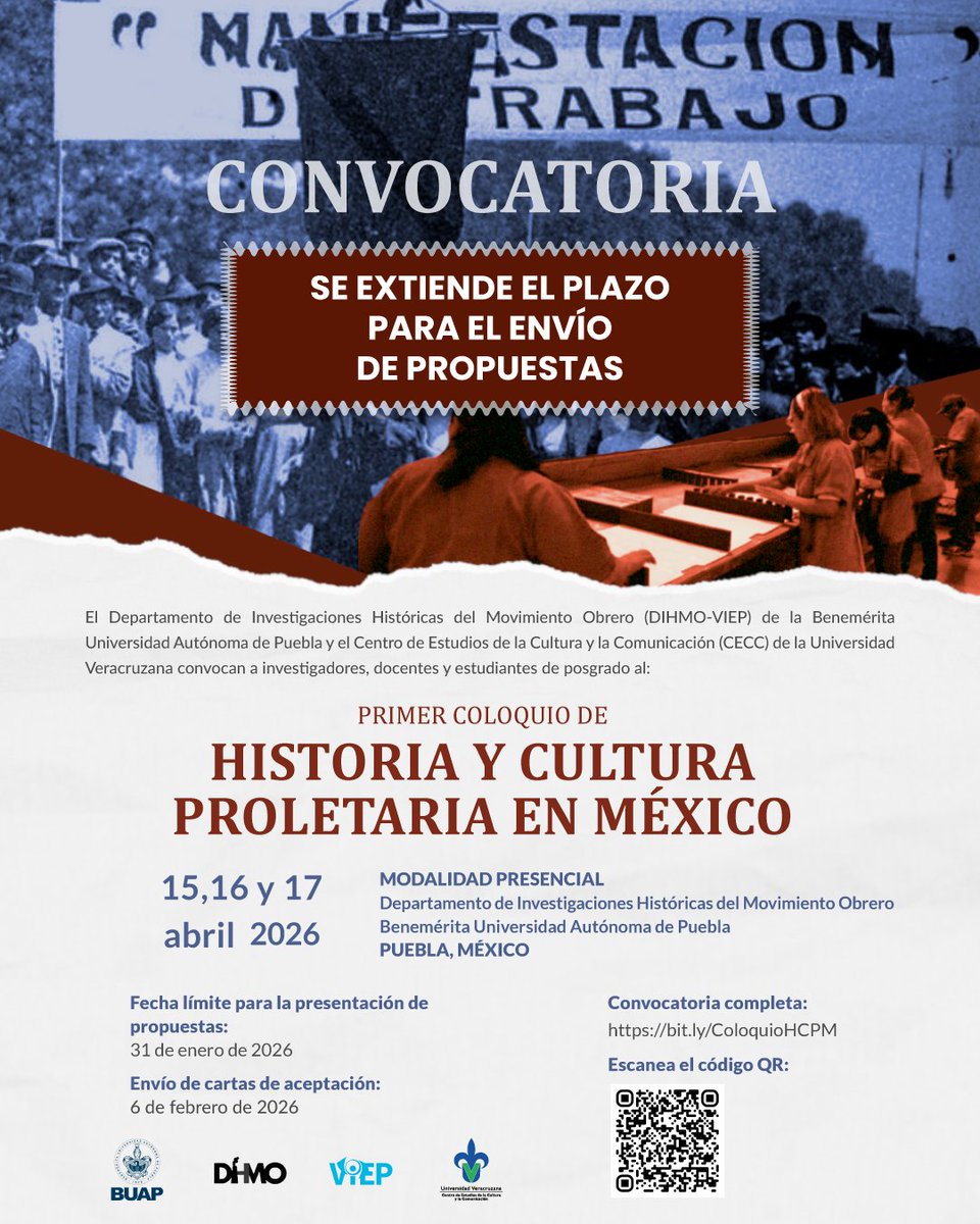 📢SE EXTIENDE EL PLAZO PARA EL ENVÍO DE PROPUESTAS
𝗣𝗿𝗶𝗺𝗲𝗿 𝗖𝗼𝗹𝗼𝗾𝘂𝗶𝗼 𝗱𝗲 𝗛𝗶𝘀𝘁𝗼𝗿𝗶𝗮 𝘆 𝗖𝘂𝗹𝘁𝘂𝗿𝗮 𝗣𝗿𝗼𝗹𝗲𝘁𝗮𝗿𝗶𝗮 𝗲𝗻 𝗠𝗲́𝘅𝗶𝗰𝗼
📋Convocatoria completa: uv.mx/cecc/coloquio-…