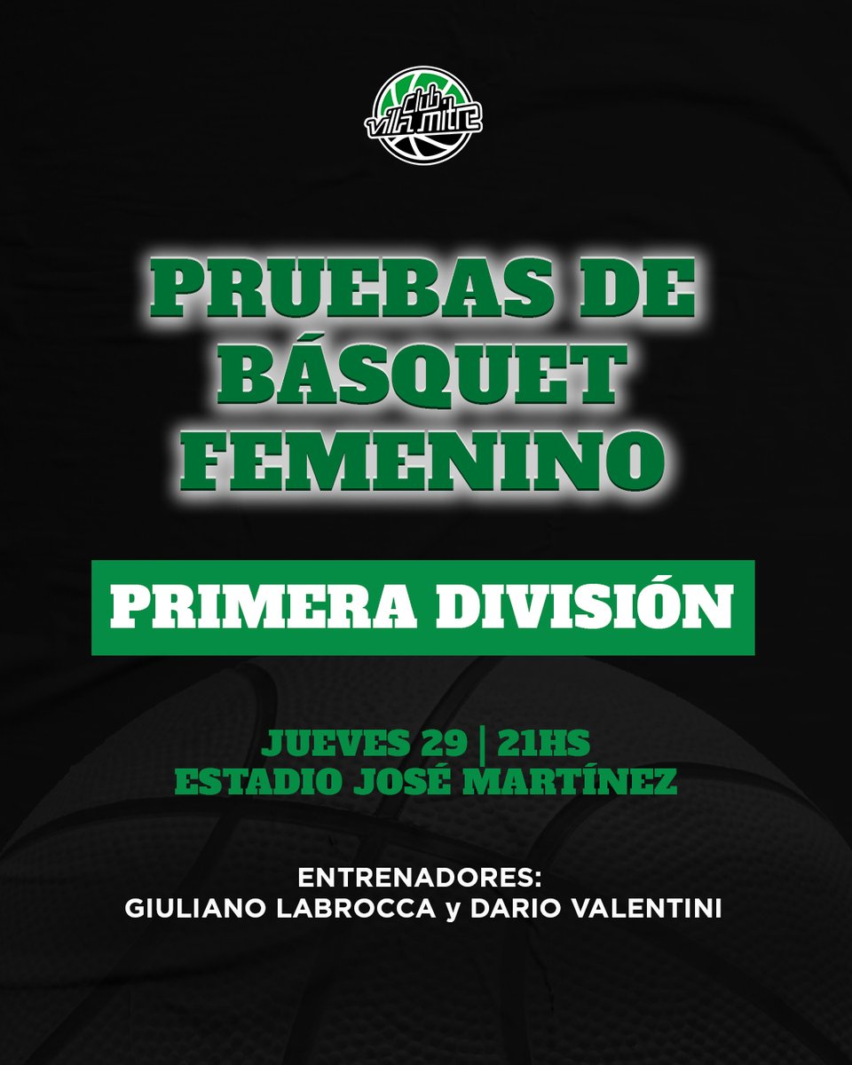 SUMATE AL BÁSQUET FEMENINO DE VILLA MITRE 🏀

¡Vení a probarte!
🔜 Jueves 29 de enero - 21hs
📌 Estadio José Martínez
🙋‍♂️ Profes: Darío Valentini y Giulo Labrocca
📲 Contacto: 2915761647 (Dario)

¡Las esperamos!

#SomosFamilia #VamosLasPibas