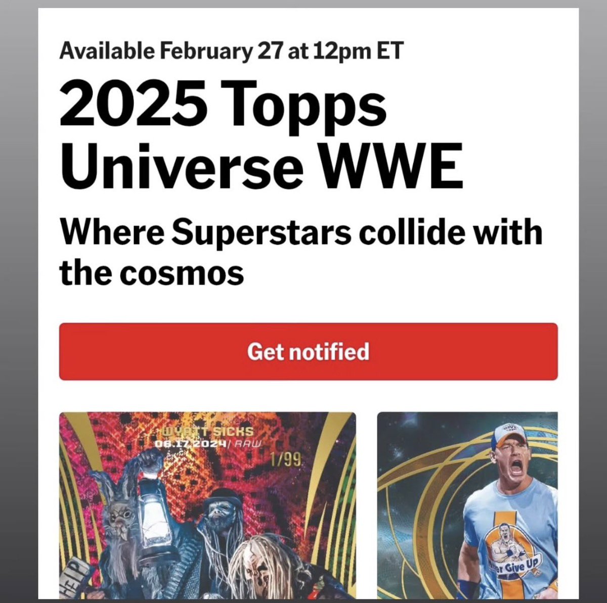 TopofCard's tweet image. For wrestling collectors who haven’t seen.
Universe WWE is pushed back to 2/27. Wouldn’t be suprised to see if get pushed back further.
