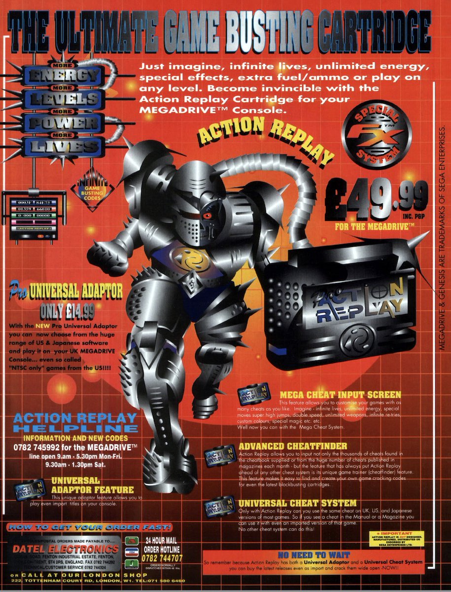 For those who remember, the '90s UK print ads for Action Replay cheat devices (this one for the Mega Drive/Genesis) always had fully chaotic art direction. [Ad scan via the VGHF Library.]