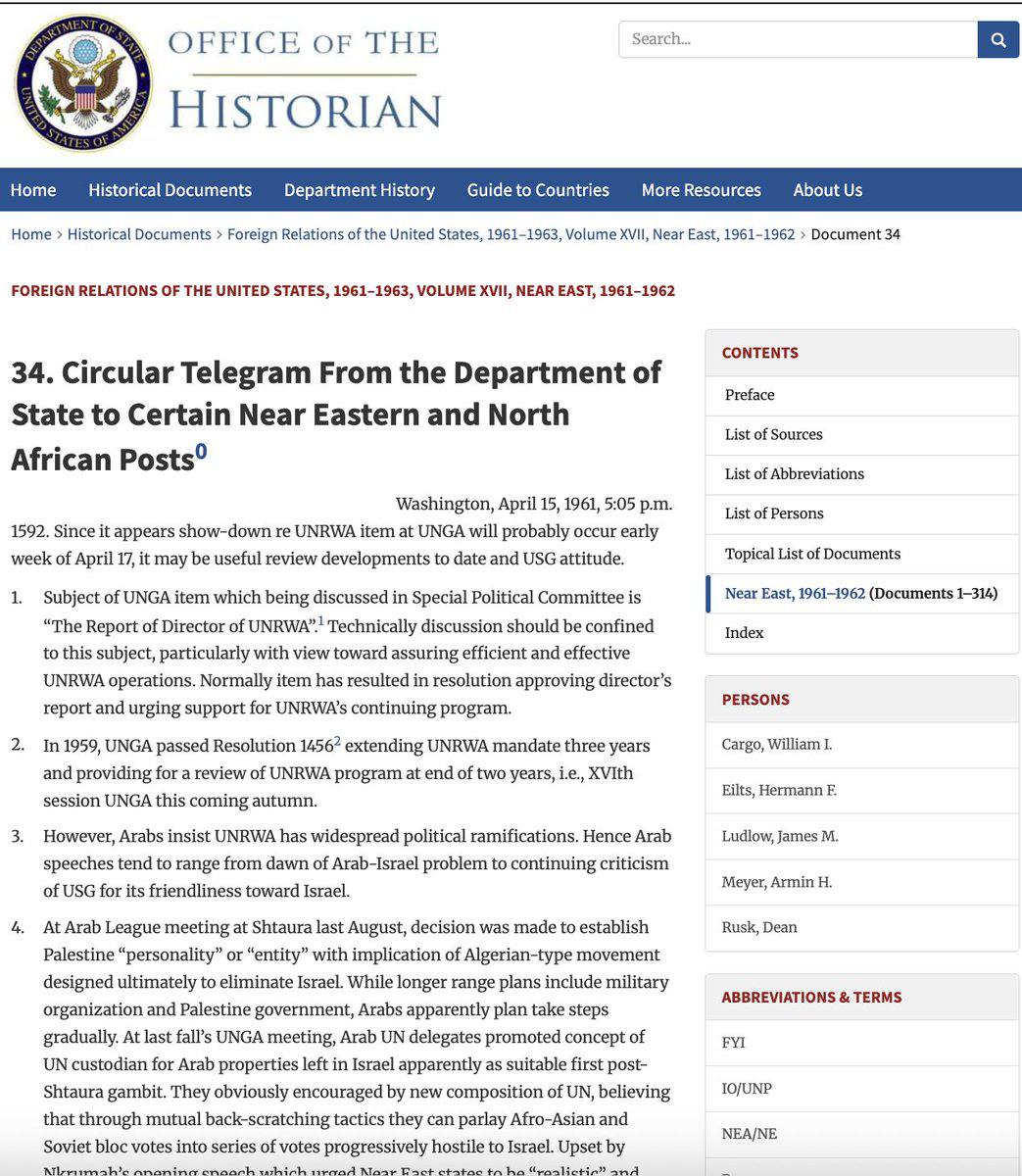 🚨 important 🚨
Declassified U.S. State Department telegram quoting an Arab League meeting in Lebanon in August 1960, when Arab states decided to create a "Palestinian entity" aimed at undermining Israel through UN manipulation &amp; military action.

With the help of the Soviets,