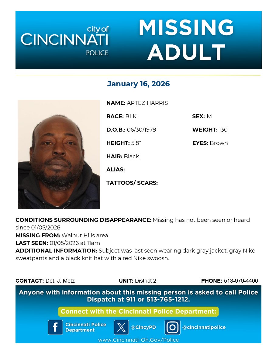 CincyPD's tweet image. Please help us locate Mr. Artez Harris. He was last seen on January 5, 2026. Last seen wearing dark gray jacket, gray Nike sweatpants, and black knitted hat with red Nike swoosh. If you have any information, contact Detective Metz at 513-979-4400.