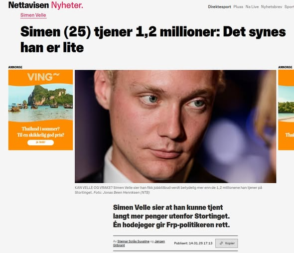 Stortingsrepresentantar i Noreg tener allereie for mykje. Simen Velle sa faktisk i fullt alvor dette til Nettavisen:
"(...) det er en utfordring at personer med veldig høy lønn velger bort politikken på grunn av lønnsnivået."