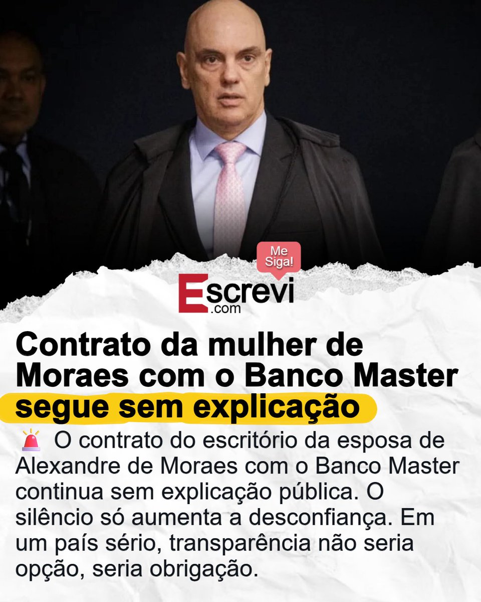 🚨 O contrato do escritório da esposa de Alexandre de Moraes com o Banco Master continua sem explicação pública. O silêncio só aumenta a desconfiança. Em um país sério, transparência não seria opção, seria obrigação.