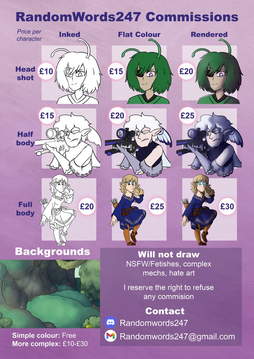 Randomwords2471's tweet image. Updated my commission sheet with more up-to-date artwork, as well as an alternative slightly cheaper watercolour-esque style because I've been having a lot of fun drawing with that too. 

Contact me by email or discord if you're interest :)