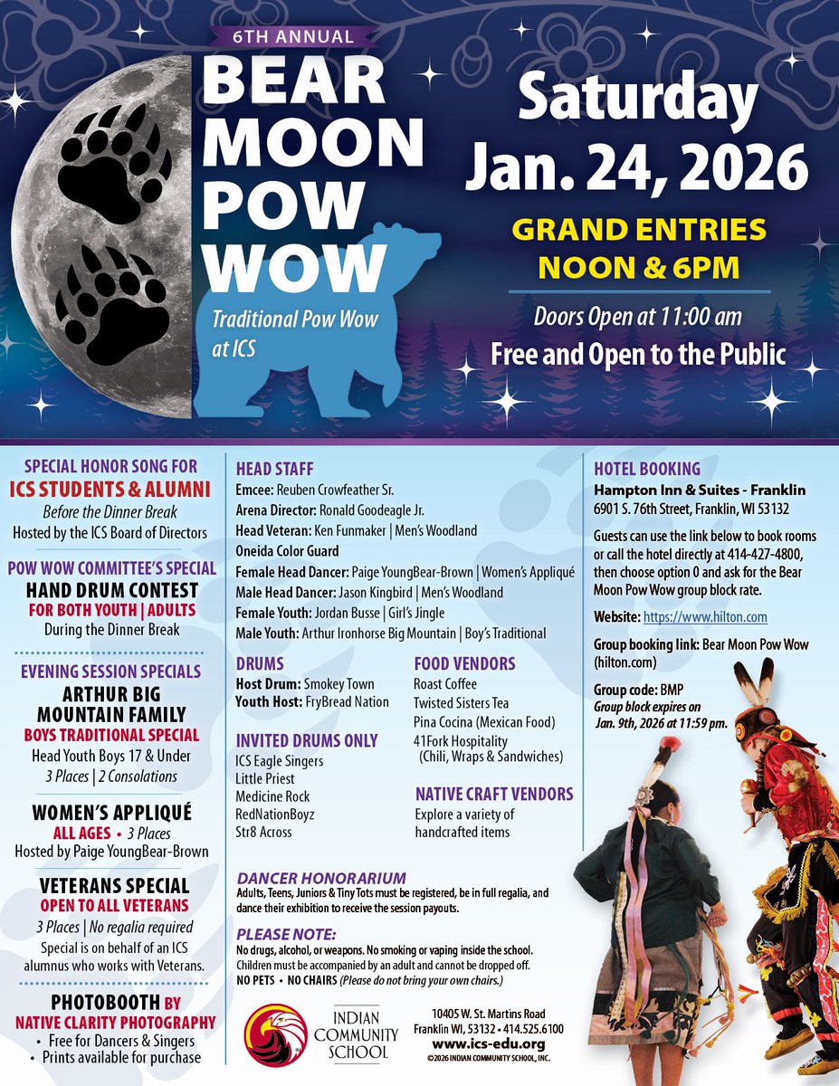 Proud to be a partner for the 6th Annual Bear Moon Pow Wow on Jan 24th! 🥁✨ Traveling for the event? Stay with us for a comfortable home base just minutes from the Indian Community School. 🏨 #BearMoonPowWow #FranklinWI #VisitMilwaukee #HamptonInn