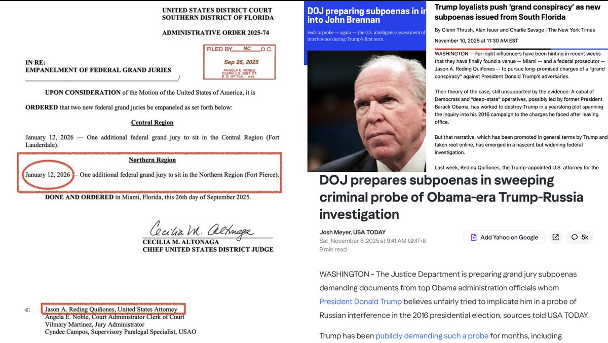 RealSLokhova's tweet image. Former CIA Director John Brennan, Director of National Intelligence Jim Clapper, and other Obama-era senior officials are under Grand Jury investigation in Florida. 

The thread below by @TulsiGabbard helps explain why.