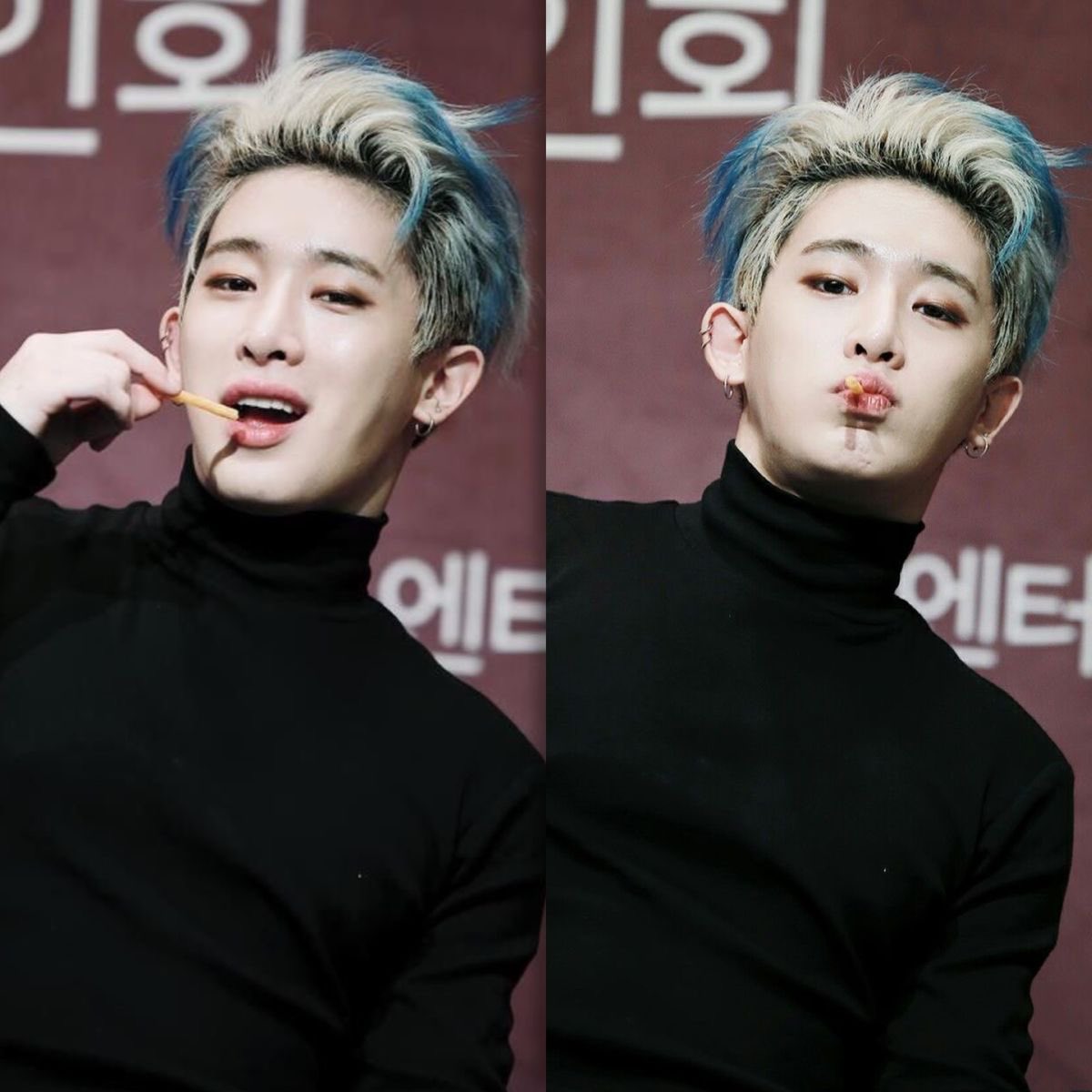 WonhoPopBase's tweet image. Just Wonho in four different styles with the iconic blue tips blonde 

@official__wonho #WONHO #원호