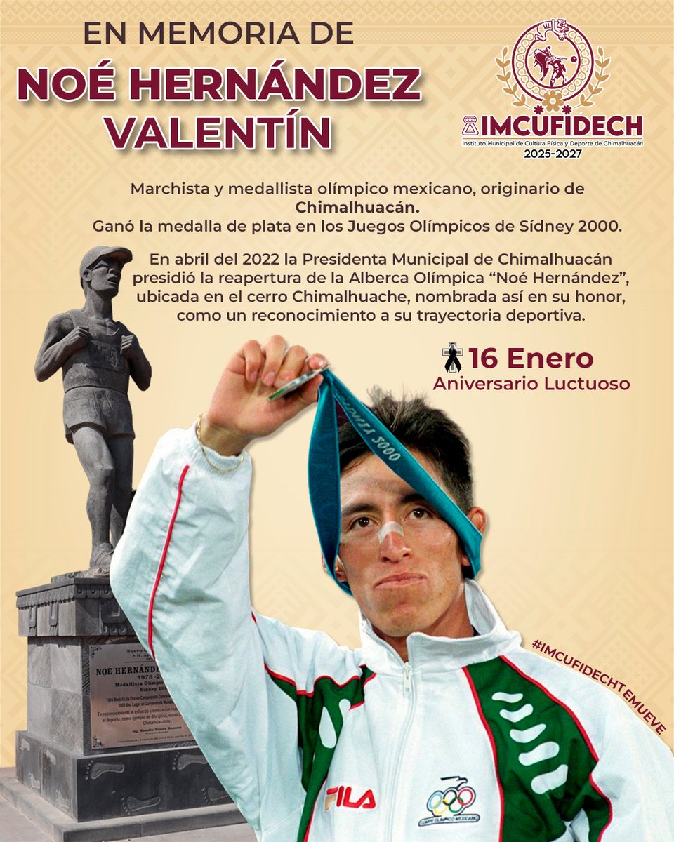 IMCUFIDECH_'s tweet image. En memoria de Noé Hernández Valentín 🕊️

Medallista olímpico mexicano y orgullo de Chimalhuacán. Plata en Sídney 2000, símbolo de esfuerzo y amor por México. Su legado vive e inspira a nuevas generaciones.

#IMCUFIDECHTeMueve