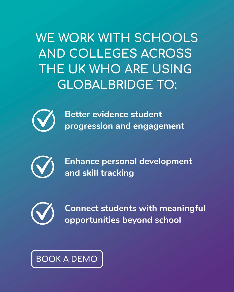 globalbridgeltd's tweet photo. We work with #schools and #colleges across the #UK who are using #globalbridge to:

✅ Better evidence #student progression &amp; engagement
✅ Enhance #personaldevelopment &amp; #skilltracking
✅ Connect #students with meaningful #opportunities beyond #school https://t.co/Sdsl9Ws2zj