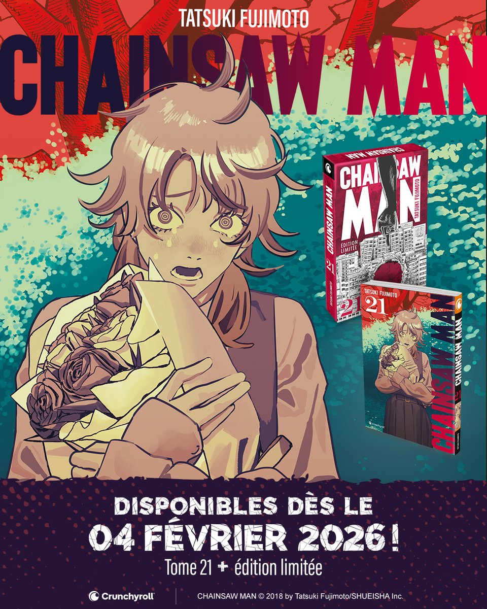 Ne la ratez pas, vous risqueriez d'avoir le démon 😈​

Chainsaw Man tome 21 débarque avec une édition limitée contenant :​
📕 Le tome 21​
🔄 Une jaquette réversible​
🖼️ 5 ex-libris​
📒 Un illustration book de 24 pages​

📆 Sortie le 4 février !