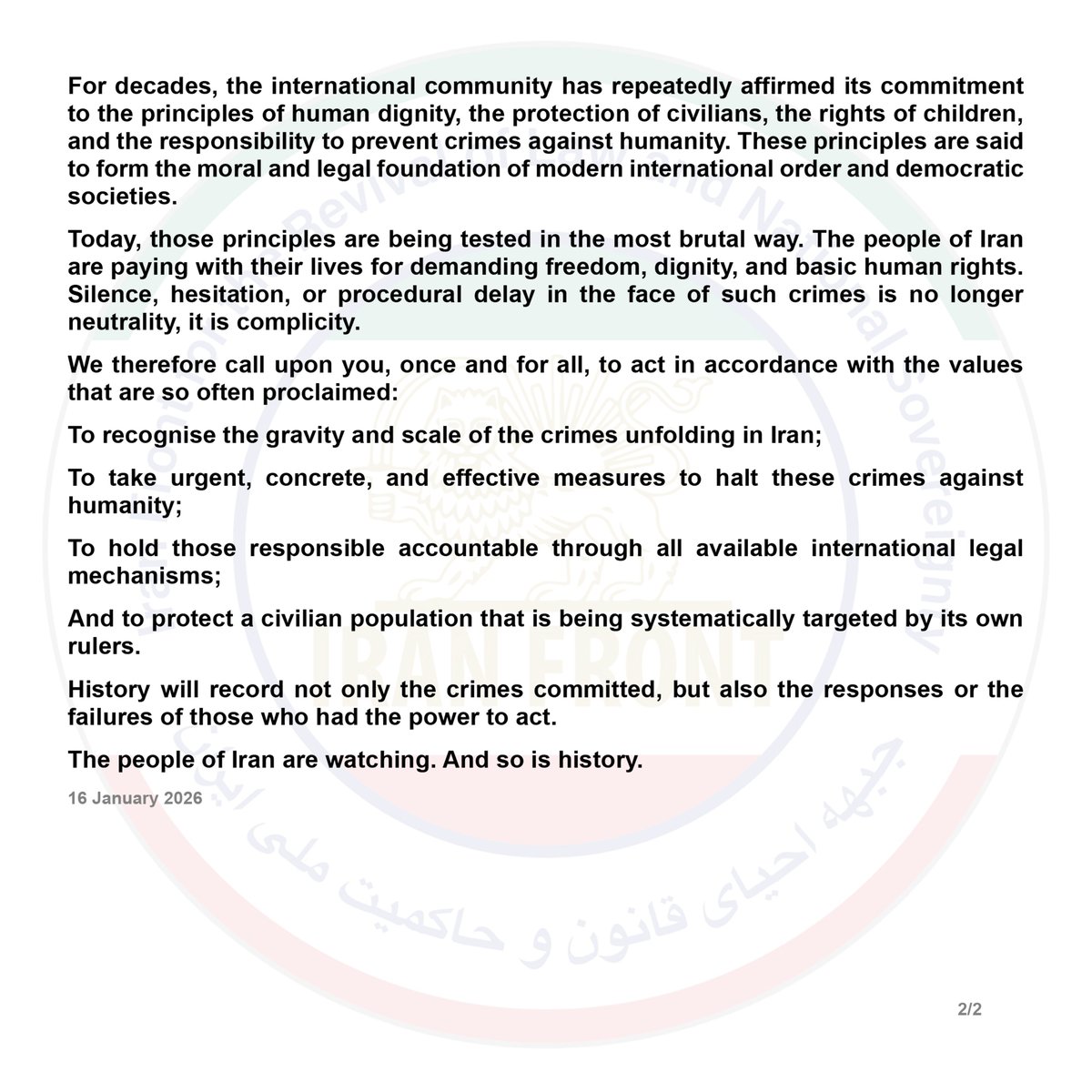 Statement of the Iran Front for the Revival of Law and National Sovereignty regarding the massacre of the Iranian people by the regime of the Islamic Republic during the Iranian national revolution

iranfront.org/statementseng

#Iran #IranRevolution2026 #IranMassacre 
 #EuropeanUnion