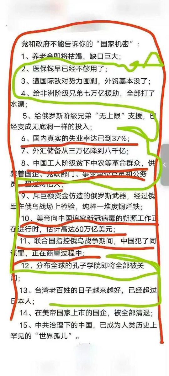 体制内人传出来的👇
党和政府不能告诉你的“国家机密”：
1.养老金即将枯竭，缺口巨大；
2.医保钱早已经不够用了；
3.遭国际敌对势力围剿，外贸基本没了；
4.给非洲阶级兄弟七万亿援助，全部打了水漂；
5.给俄罗斯阶级兄弟“无上限”支援，已经变成无底洞一样的投入；
6.国内真实的失业率达到 37%；