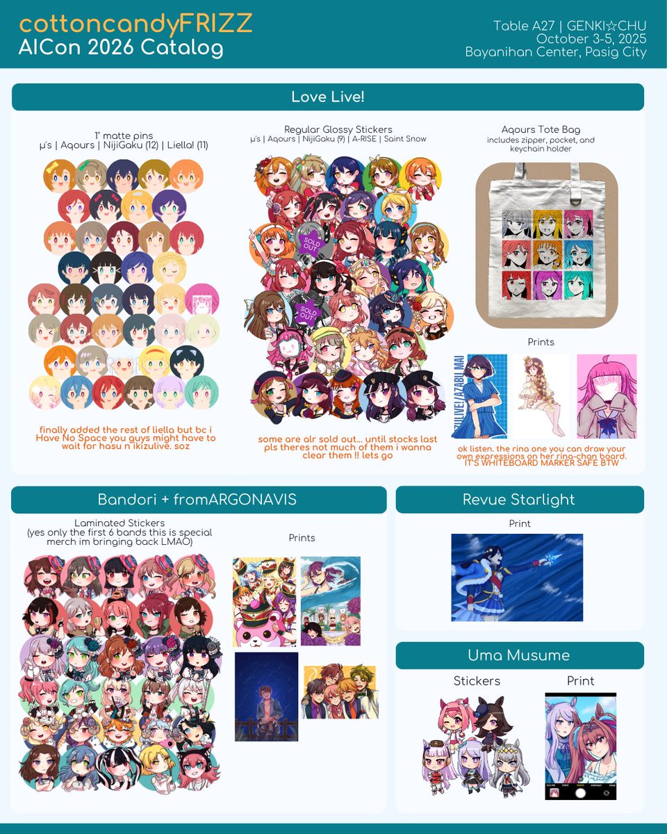 stellarite_'s tweet image. 【#AnimeIdolConvention2026 MERCH CATALOG】

brought back some old merch! join our stamp rallies yippee wanted to make new ones but space pien &amp;lt;/3 next time! 😭

🗓 jan 17 2026
📍 bayanihan center
⭐table a27 with @/genacinth!
🔖 LL argo bandori umamusu i7 a3 revstar prsk