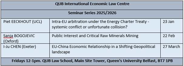 QUB_IEL's tweet photo. Our seminar series dates for this term are now confirmed! We’re looking forward to a great line-up of speakers and discussions on all things international economic law &amp; policy-related. https://t.co/2xFTu5X5C3