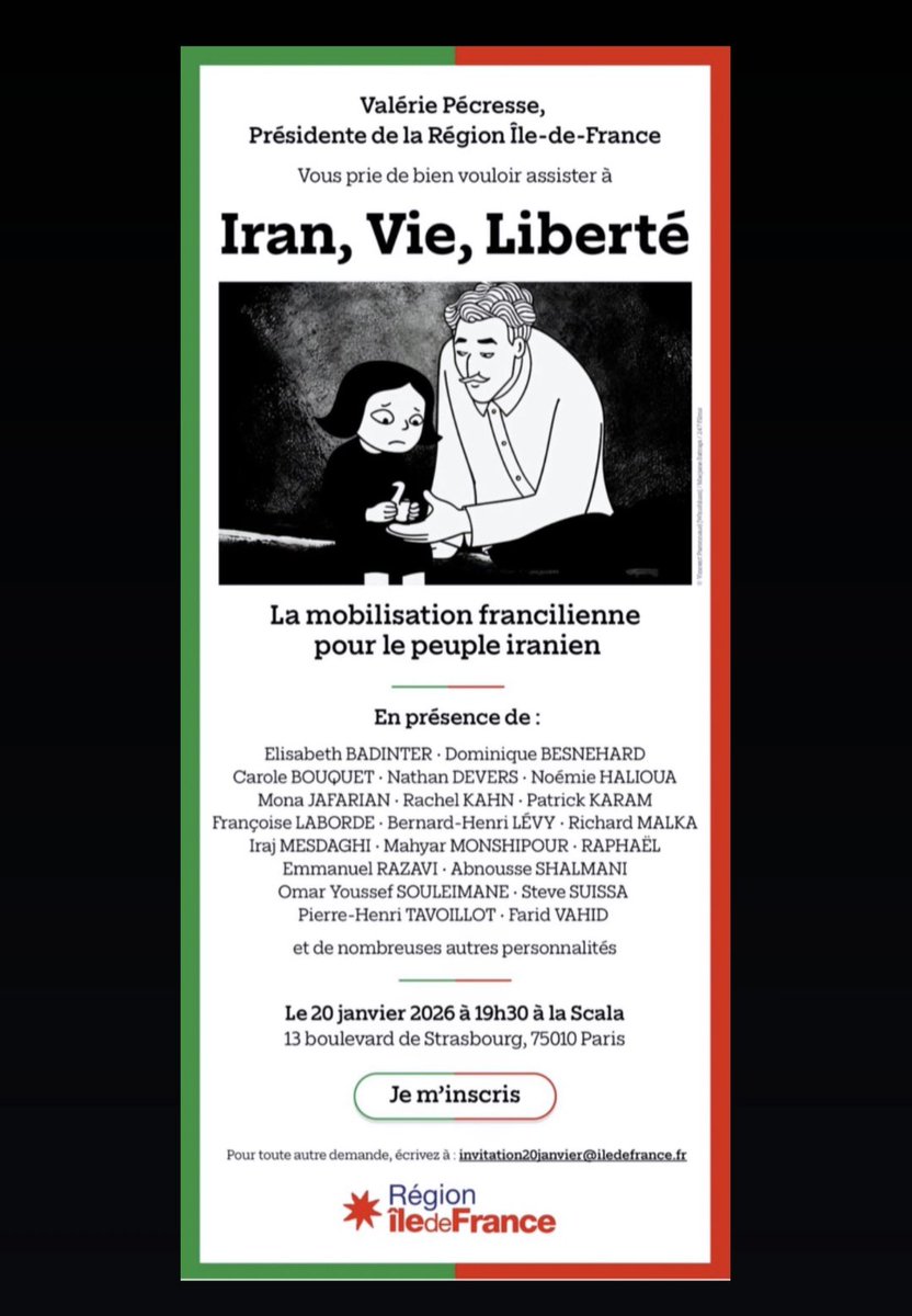 Face à la barbarie aveugle de leurs bourreaux, les Iraniens se tiennent debout, avec un panache qui force l’admiration. La Région <a href="/iledefrance/">Région Île-de-France</a> est à leurs cotés.

Iran. Vie. Liberté.
📅 20 janvier – La Scala
Une mobilisation pour la dignité, les femmes et la liberté !

R.S.V.P :