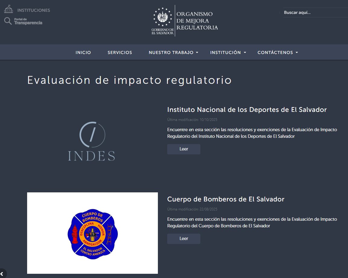 La Evaluación de Impacto Regulatorio -EIR- es un proceso de análisis sistemático de los objetivos, opciones e impactos de las regulaciones, para garantizar que sus beneficios sean superiores a sus costos. Consulta los dictámenes de Exención y EIR en: omr.gob.sv/category/eir/