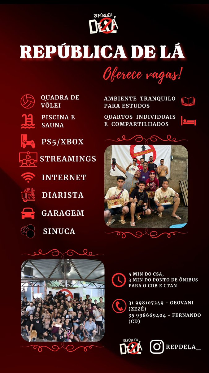 geovani_resend's tweet photo. Ei, calouro, tá pensando em estudar na UFSJ? A República De Lá é o lugar perfeito em São João del-Rei para ser sua casa! Somos uma república masculina de estudantes com vagas disponíveis. Entre em contato e venha fazer parte dessa família! 🚫⬆️
#ufsj #Sisu #republica #aluguel https://t.co/UjhoXwch8K