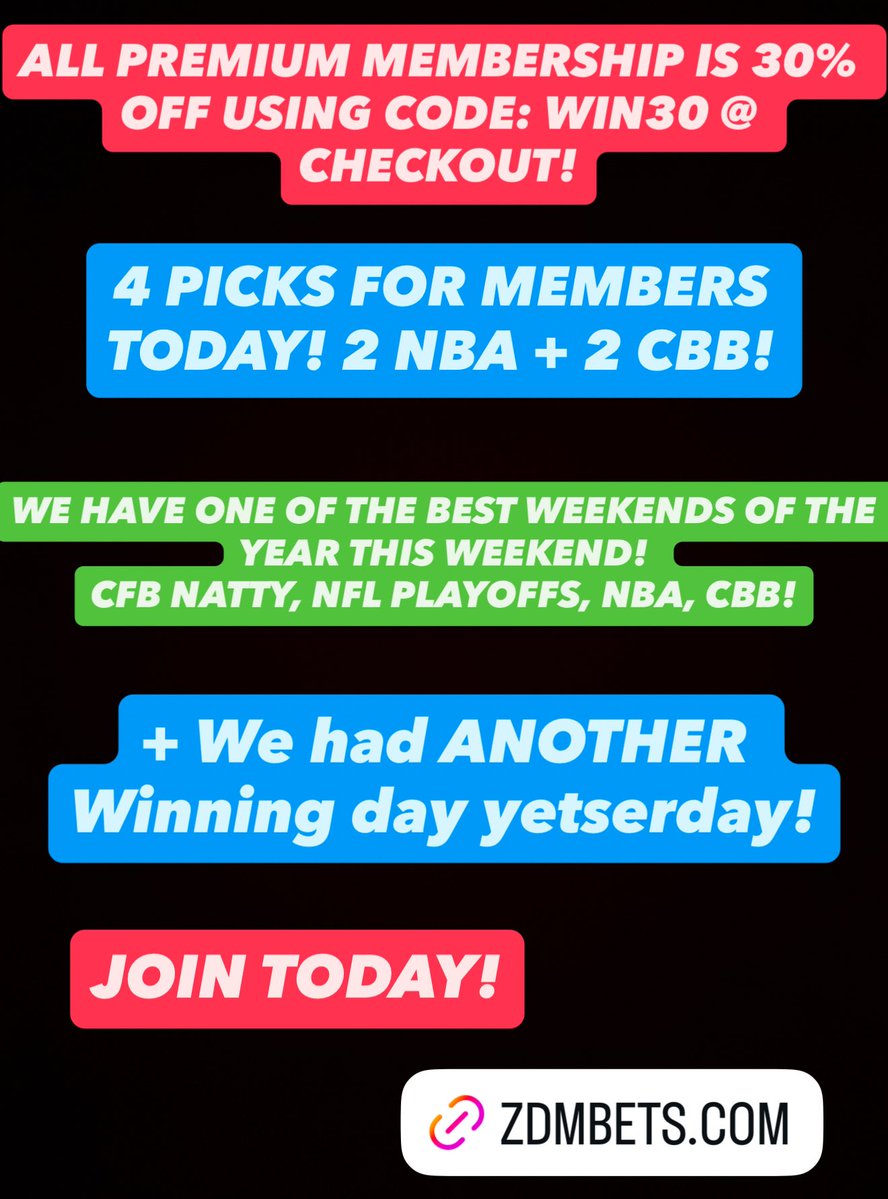 ZDM_Bets's tweet image. ALL PREMIUM MEMBERSHIP IS 30% OFF USING CODE: WIN30 @ Zdmbets.com/picks

We had ANOTHER Winning Day Yesterday &amp;amp; We have a MASSIVE WEEKEND AHEAD OF US!

JOIN TODAY!