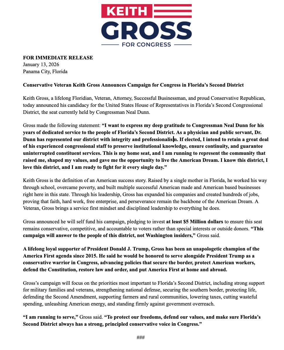TeamKeith's tweet image. 🚨🚨 ICYMI:

I am running for Congress to protect the Florida Panhandle that raised me, shaped my values, and gave me the opportunity to live the American Dream.

I know this district, I love this district, and I am ready to fight for it every single day.