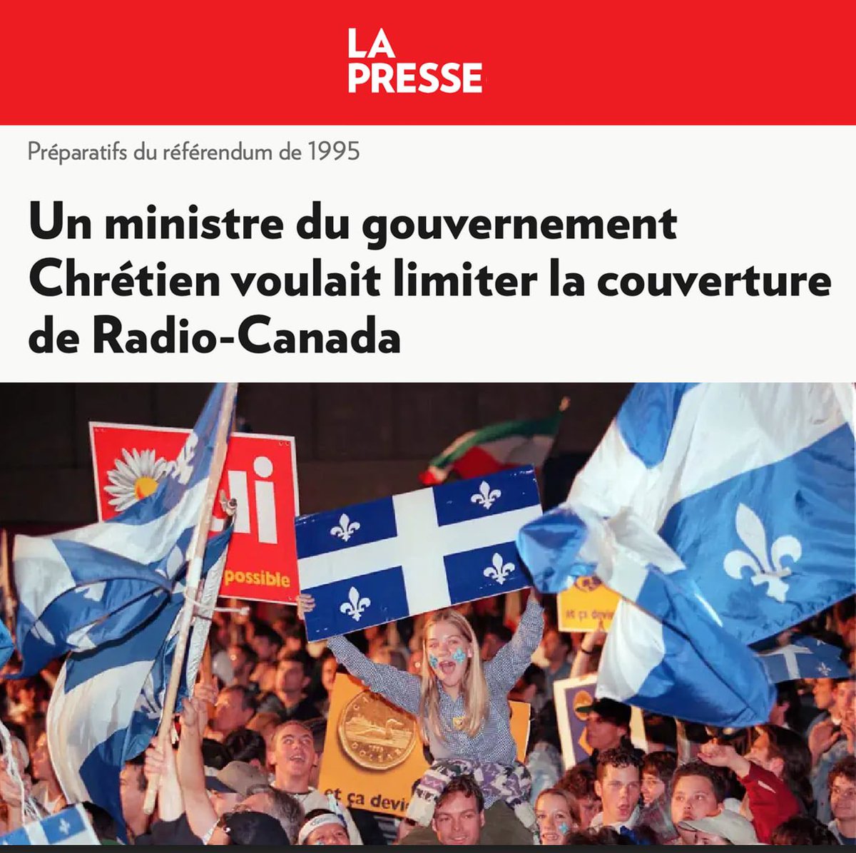 JeanDenisGaron1's tweet image. 🚨Alerte! En 1995, le ministre de Jean Chrétien a exigé que Radio-Canada avantage le camp du Non dans sa couverture média! 

Refusant, ils ont subi des représailles budgétaires! 

L’État canadien est profondément toxique. Il faut s’en affranchir. 

🤮

lp.ca/wrI178?sharing…