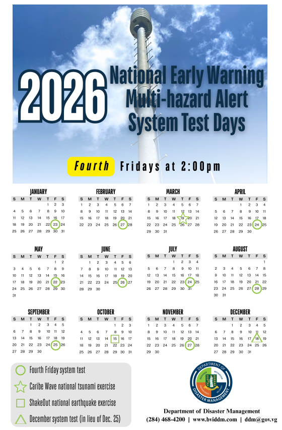 BVIDDM's tweet image. Don't let a 2026 system test catch you by surprise -- You can download a calendar with ALL our test dates for the year, including national exercise dates like the Caribe Wave tsunami exercise!
bviddm.com/download/2026-…